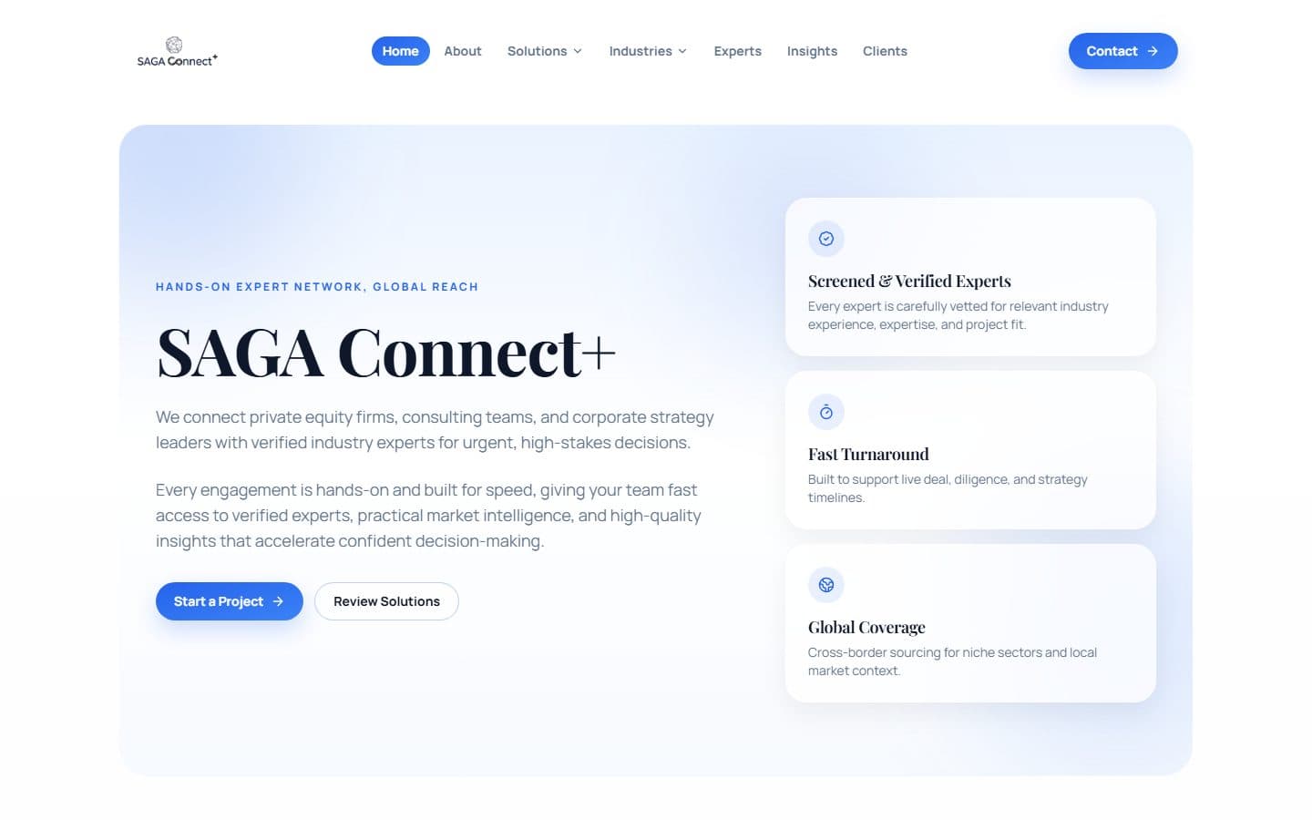 Homepage of sagaconnectplus.com showing the SAGA Connect+ hero and expert-network highlights