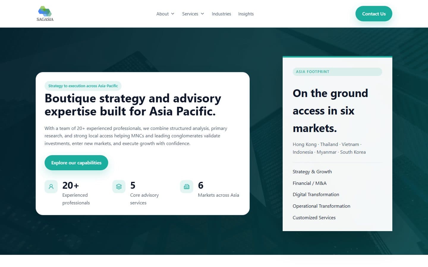 Homepage of sagasiaconsulting.com: 'Boutique strategy and advisory expertise built for Asia Pacific'