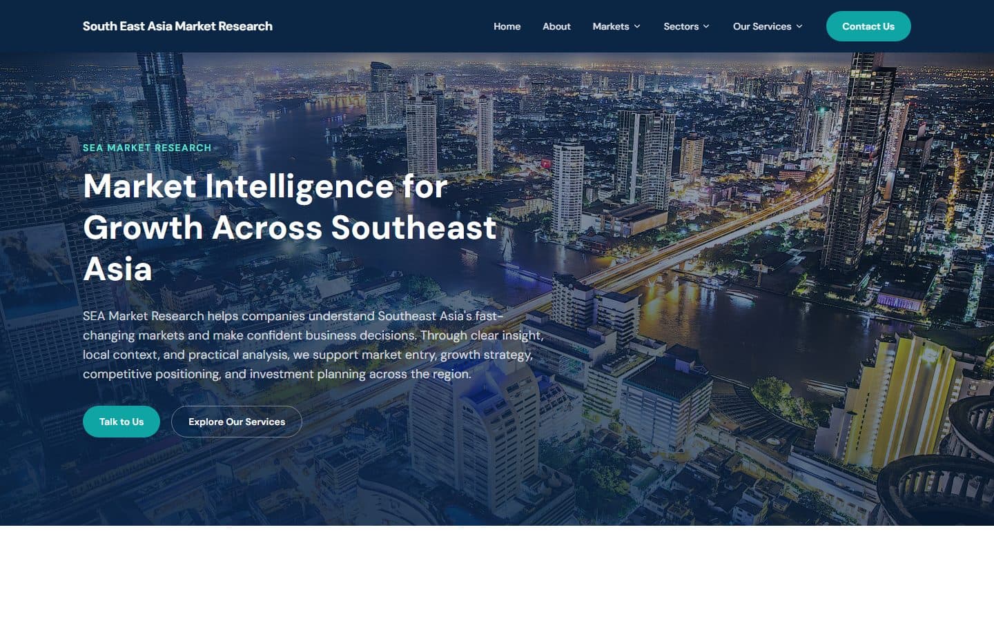 Homepage of seamarketresearch.com: 'Market Intelligence for Growth Across Southeast Asia'
